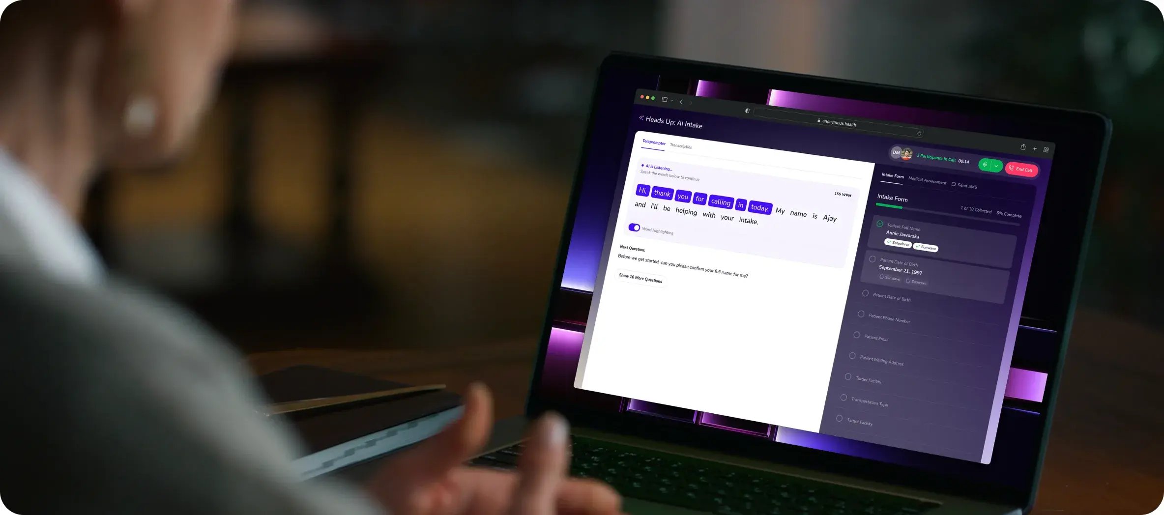 Heads Up: AI Intake running on a laptop beside an admissions rep