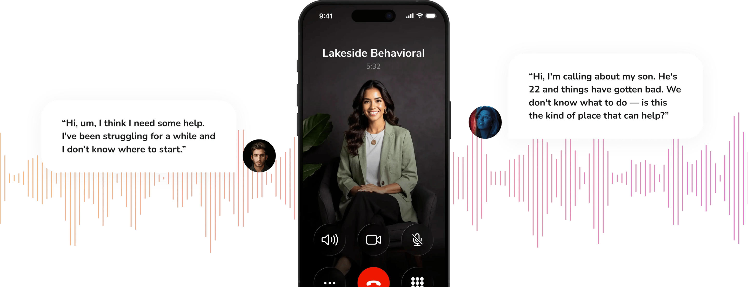 A live call on a phone: Lakeside Behavioral’s AI companion on screen, with two callers’ messages and a voice waveform on either side