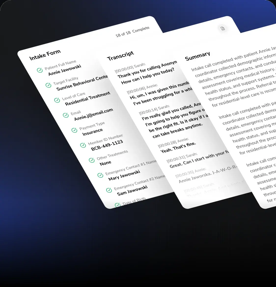 Intake form, transcript and summary captured automatically during a call