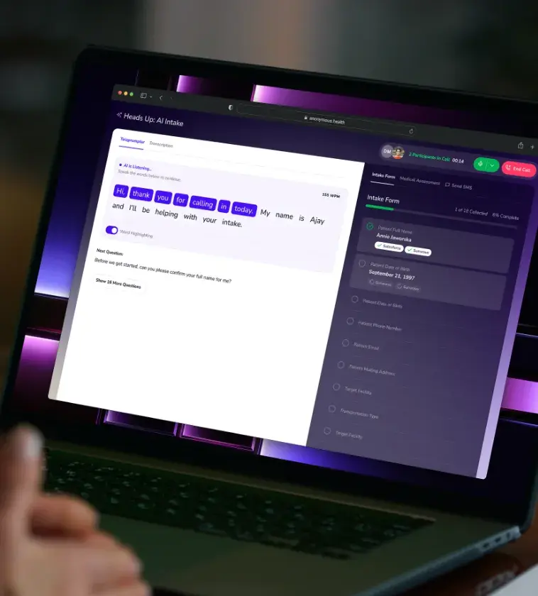 A laptop showing the HeadsUp live call guidance screen